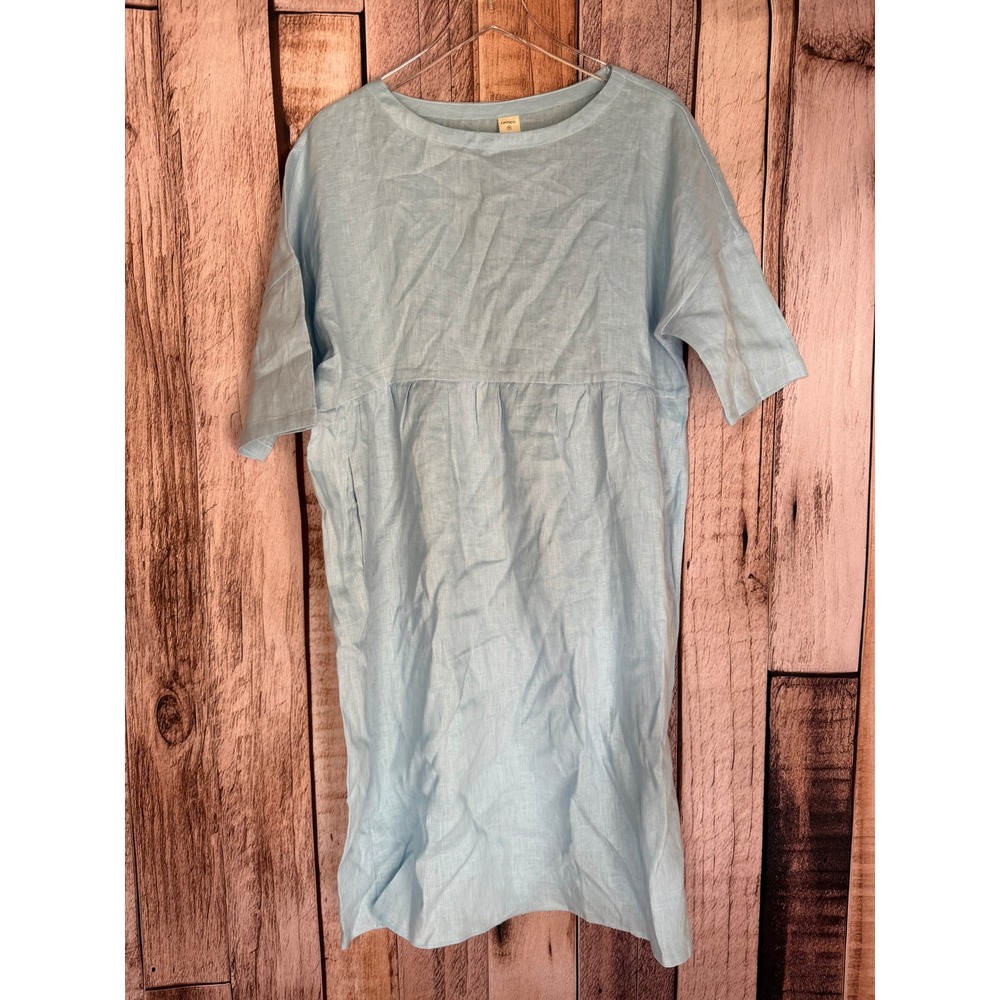 LINTICO Dress Linen Shift Short Sleeve Pocket Light Blue Minimalist Size Medium